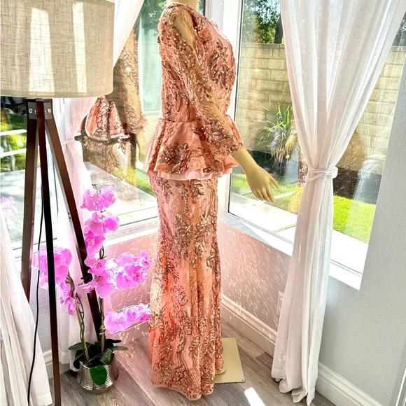 rose gold peplum dress Kohinoor Powder Blue/Rose Gold Satin Organza Mirrorwork Peplum with Flared Pants and bustier S main image 1